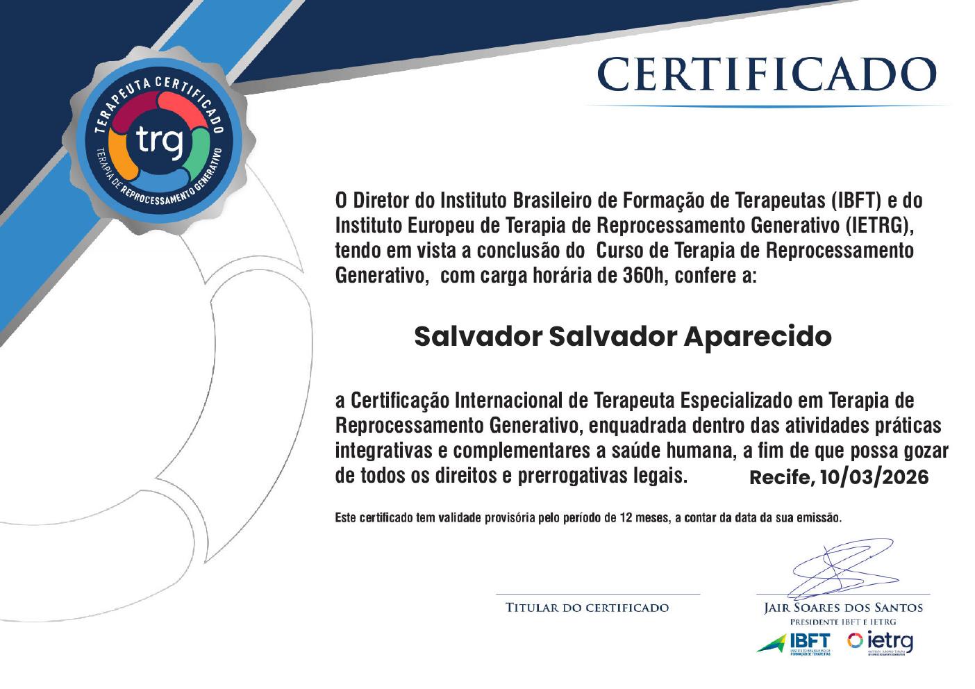 Certificado de formação em TRG Regenerativa